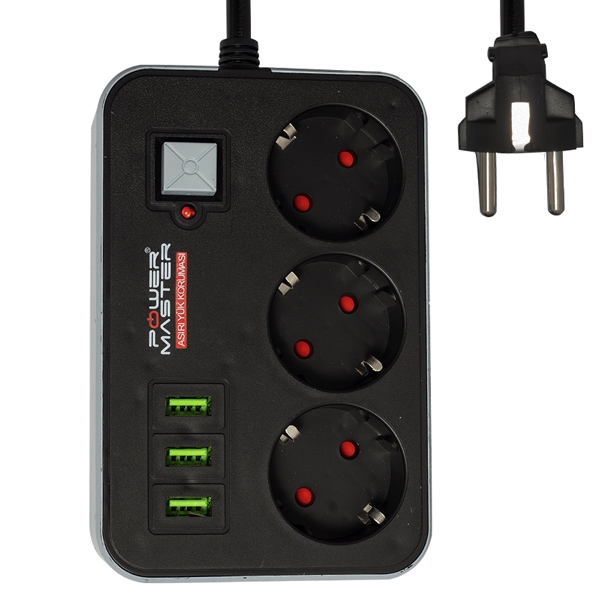 POWERMASTER PM-17564 3 USB ÇIKIŞLI 3’LÜ 1.8 METRE KABLOLU AKIM KORUMALI PRİZ 10A-2500 WATT