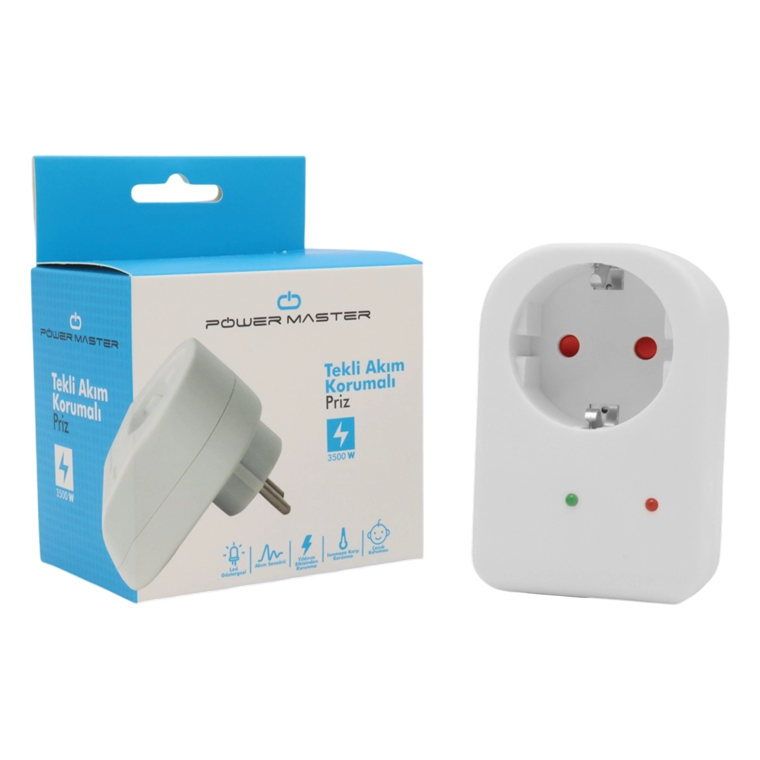 PM-18521 16 AMPER - 3500 WATT LED GÖSTERGELİ TEKLİ BEYAZ AKIM KORUMALI PRİZ 