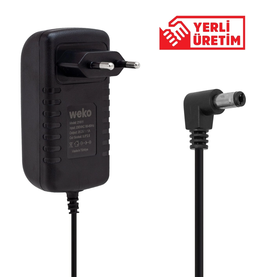 25.2 VOLT - 1 AMPER 5.5*2.5 UÇLU YERLİ ÜRETİM KIRMIZI YEŞİL LEDLİ PRİZ TİPİ LİTYUM ŞARJLI MATKAP ADAPTÖRÜ 21511