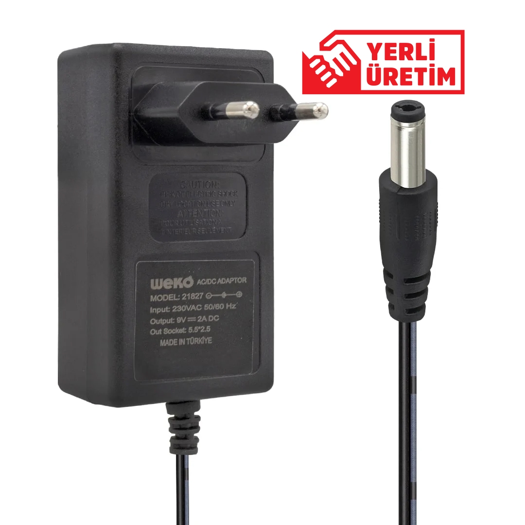 9 VOLT - 2 AMPER 5.5*2.5 UÇLU YERLİ ÜRETİM PLASTİK KASA PRİZ TİPİ ADAPTÖR  21827