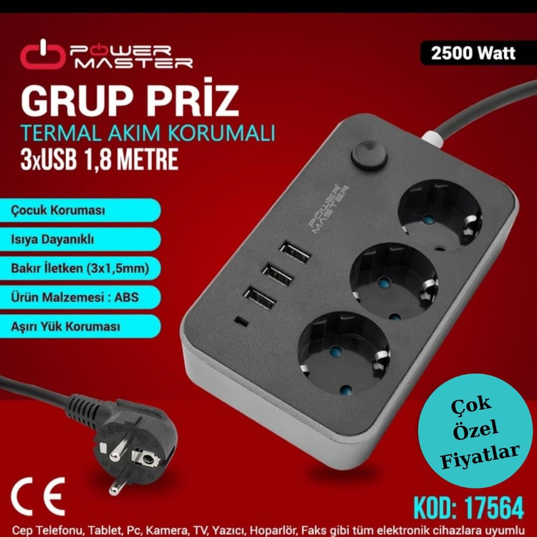 POWERMASTER PM-17564 3 USB ÇIKIŞLI 3’LÜ 1.8 METRE KABLOLU AKIM KORUMALI PRİZ 10A-2500 WATT