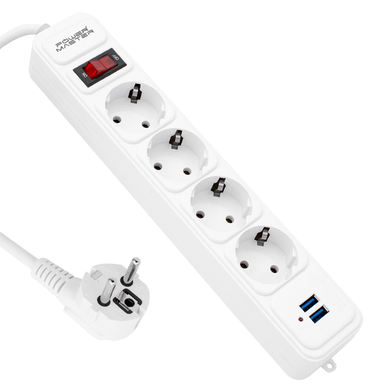 POWERMASTER PM-6032 4’LÜ 2 MT KABLOLU ANAHTARLI 2 USB’Lİ ISIYA DAYANIKLI TERMAL PRİZ
