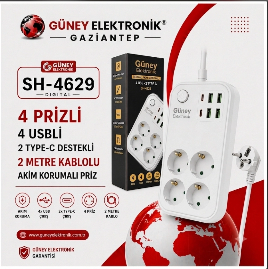 SH-4629 TERMAL AKIM KORUMALI PRİZ 2 METRE KARE MODEL (4 PRİZ + 4 USB + 2 TYPE-C)