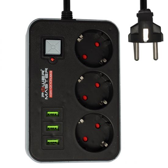 POWERMASTER PM-17564 3 USB ÇIKIŞLI 3’LÜ 1.8 METRE KABLOLU AKIM KORUMALI PRİZ 10A-2500 WATT
