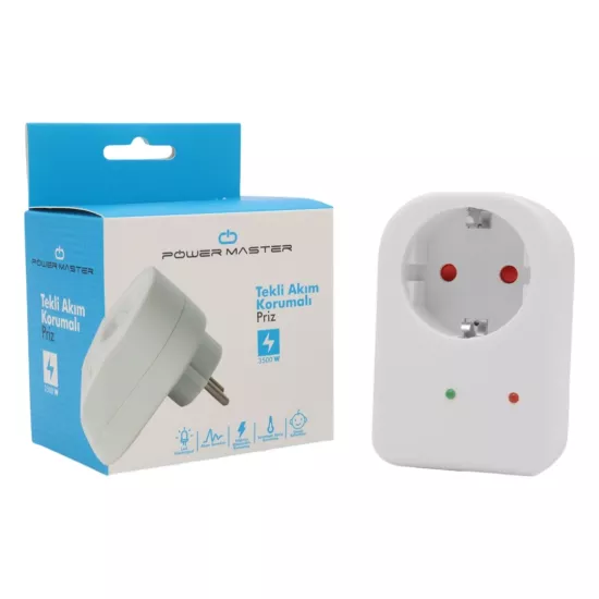 PM-18521 16 AMPER - 3500 WATT LED GÖSTERGELİ TEKLİ BEYAZ AKIM KORUMALI PRİZ 