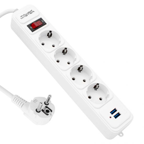 POWERMASTER PM-6032 4’LÜ 2 MT KABLOLU ANAHTARLI 2 USB’Lİ ISIYA DAYANIKLI TERMAL PRİZ