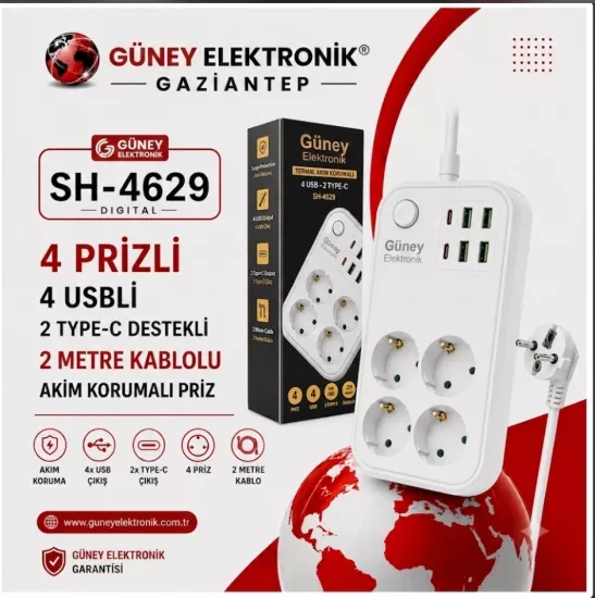 SH-4629 TERMAL AKIM KORUMALI PRİZ 2 METRE KARE MODEL (4 PRİZ + 4 USB + 2 TYPE-C)