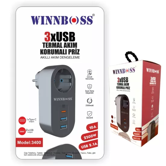 PRIZ AKIM KORUMA-3400 (1*PRİZ+2*USB+1*TYPE-C) PRİZ TİPİ TEKLİ