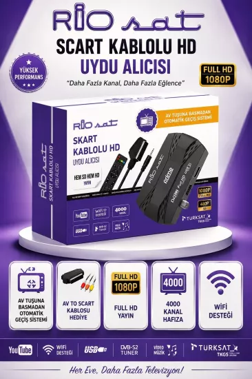 RİOSAT HD/SD    SKART KABLOLU HD  AV TUŞUNA BASINCA DİREK AV YE GEÇİYOR 
